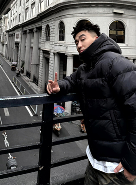 SANBAI 叁佰高充绒黑色连帽90白鸭绒羽绒服冬季加厚保暖短款外套