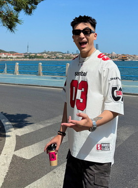 SANBAI 叁佰【赤焰】V领球服T恤男夏季美式休闲潮流运动流行短袖