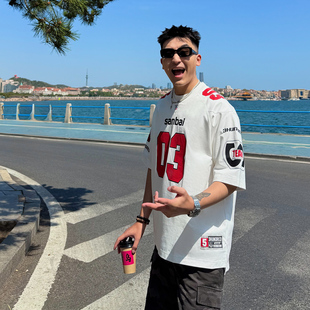 叁佰 休闲潮流运动流行短袖 赤焰 美式 V领球服T恤男夏季 SANBAI