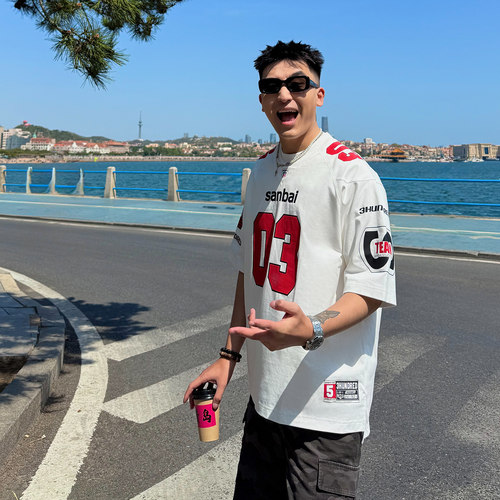 SANBAI叁佰红白配色V领球服T恤