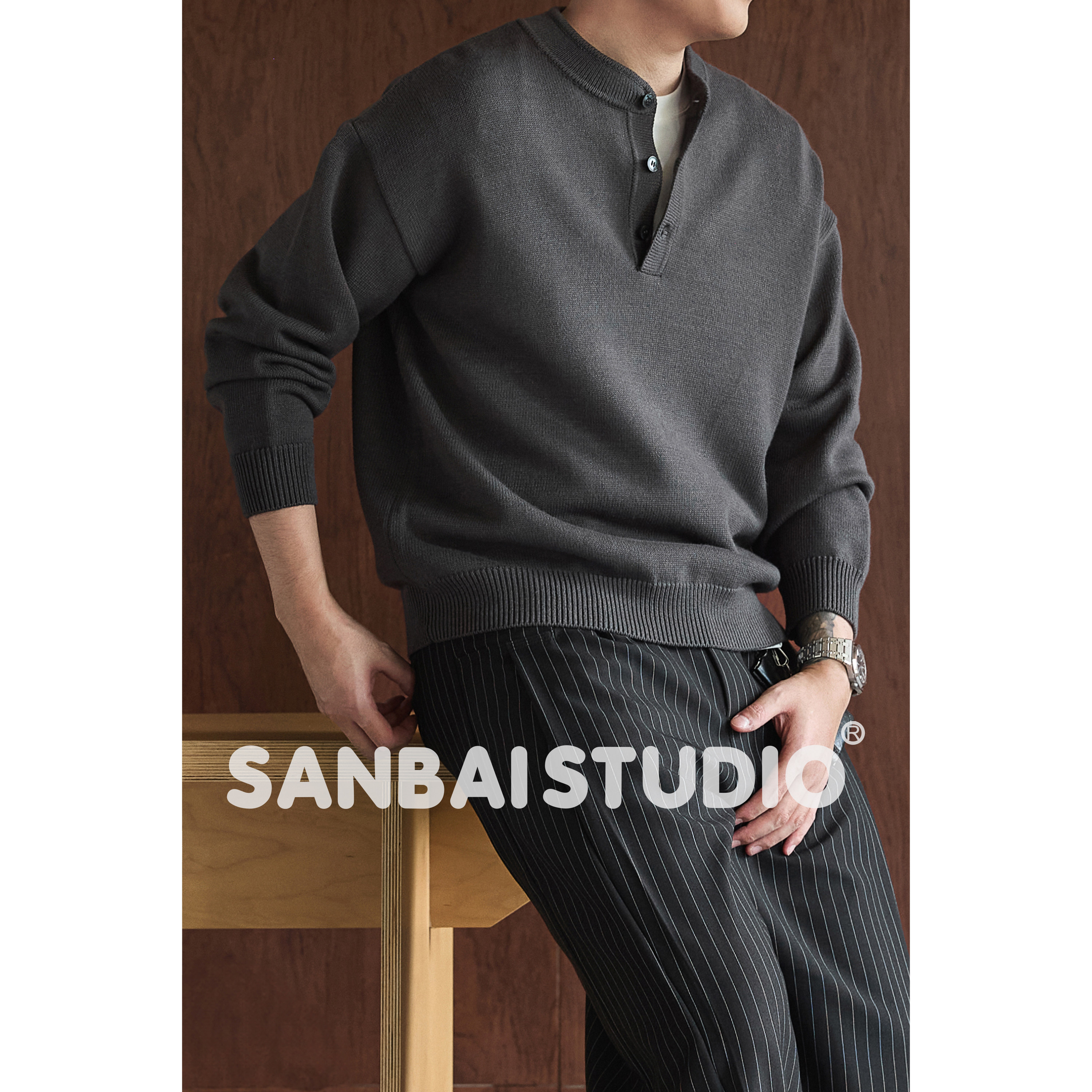 SANBAI叁佰针织亨利领毛衣图片
