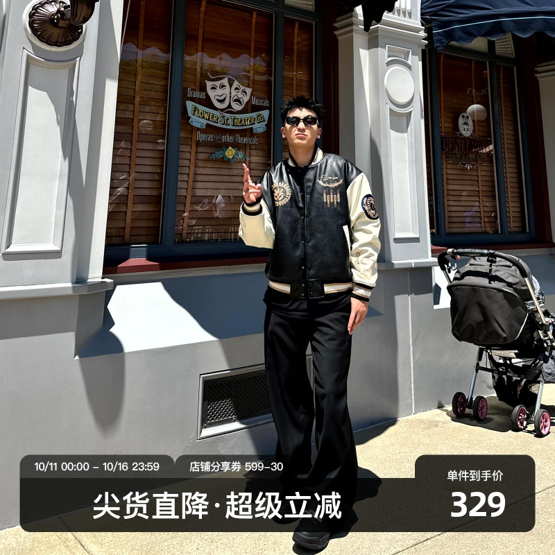 SANBAI 叁佰战斗学院黑色棒球服皮衣夹克外套男冬季新款美式棉衣