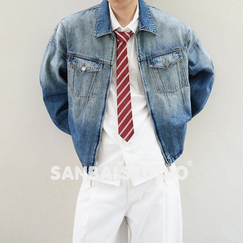 SANBAI 叁佰【泥染蓝牛】新款高级复古外套男13OZ短款J01牛仔夹克