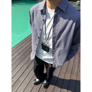 宽松休闲长袖 SANBAI叁佰 男春季 全棉碳素磨毛格纹衬衫 柔雾蓝格