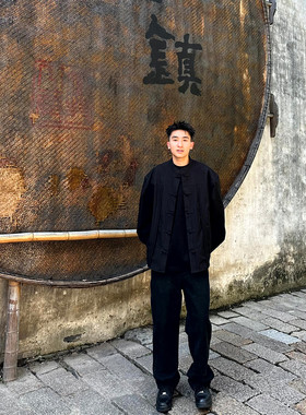 SANBAI 叁佰新中式国风唐装衬衫男装秋季黑色订婚外套长袖上衣