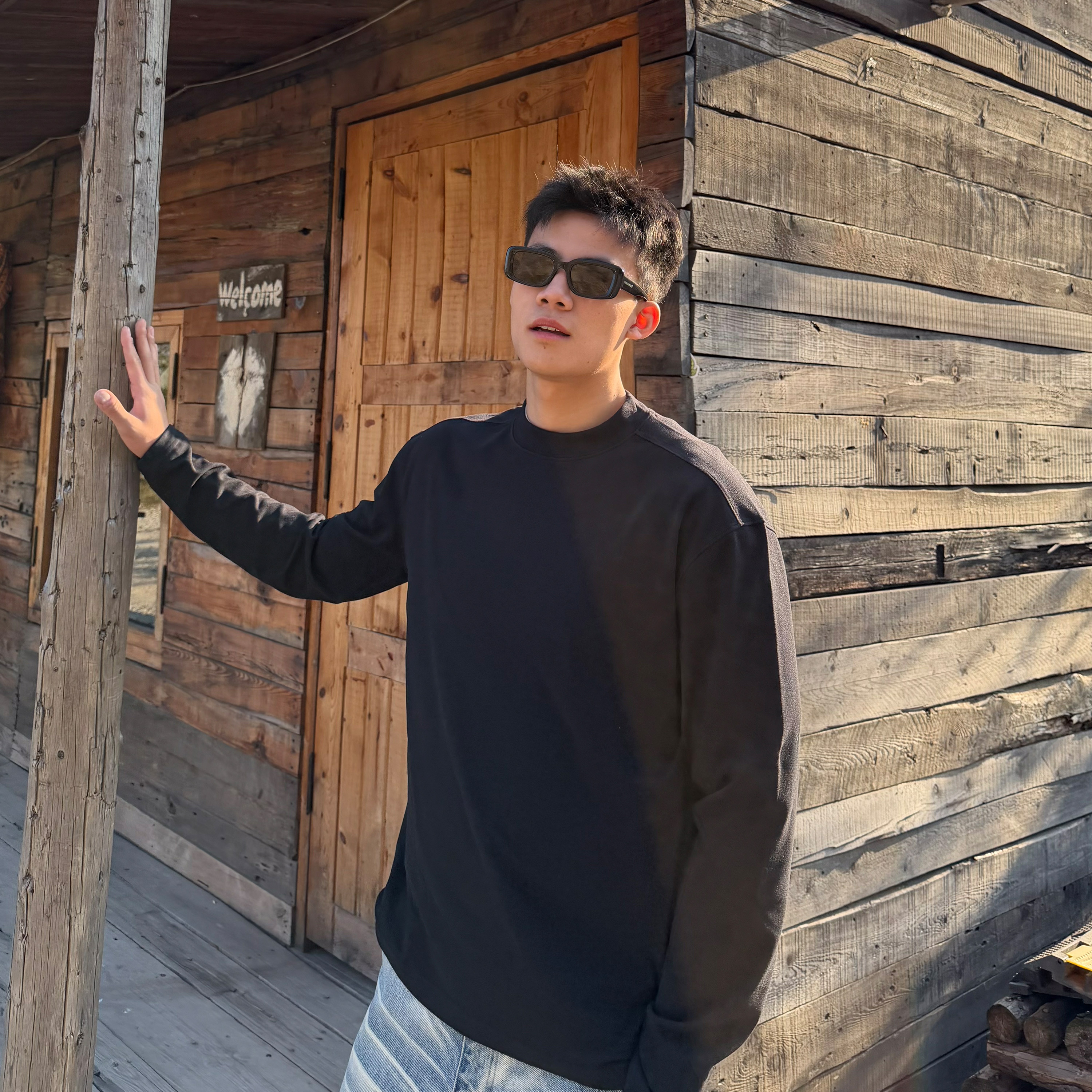 SANBAI叁佰黑色秋冬打底T恤