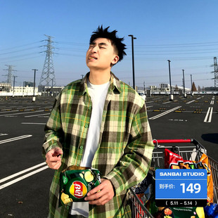男士 SANBAI 叁佰牛油果长袖 格子衬衫 时髦慵懒风绿色格纹休闲上衣
