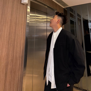 新款 SANBAI 叁佰黑色深V领夹克外套男士 春季 高级商务休闲宽松开衫