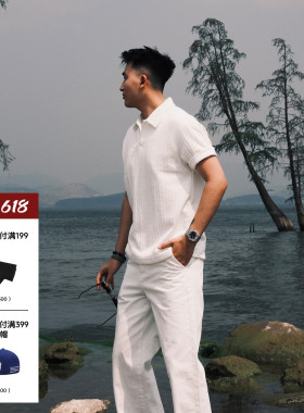 SANBAI 叁佰【态度】白色针织polo衫男夏季翻领休闲美式高级短袖