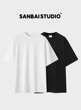 SANBAI 叁佰夏季美式纯色重磅休闲T恤男女基础百搭圆领宽松短袖潮