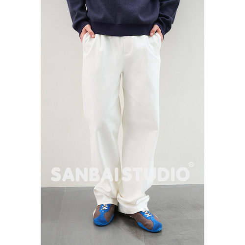 SANBAI叁佰双褶白色工装裤
