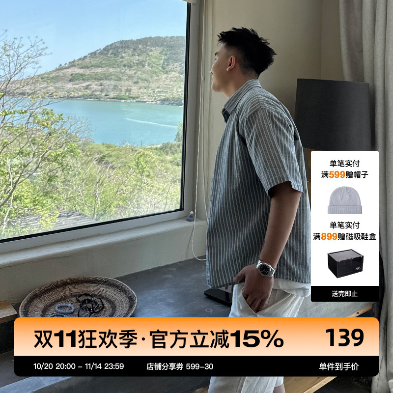 SANBAI叁佰灰蓝条纹牛仔短袖衬衫