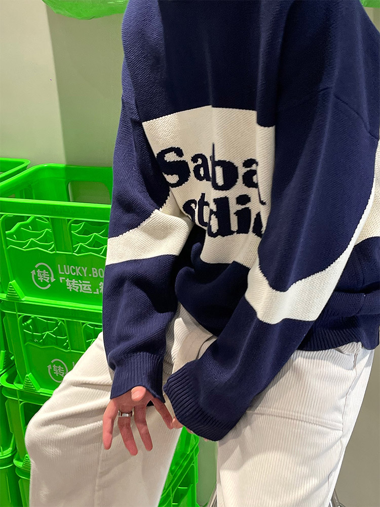 SANBAI 300 autumn and winter retro contrast color sweater men's American youth lazy sweater loose casual liner