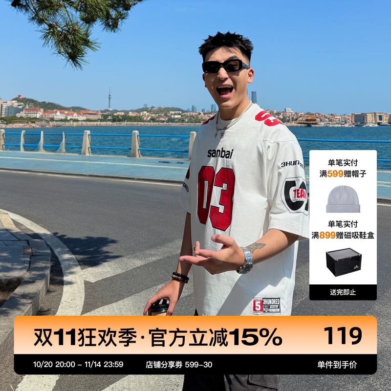 SANBAI叁佰红白配色V领球服T恤