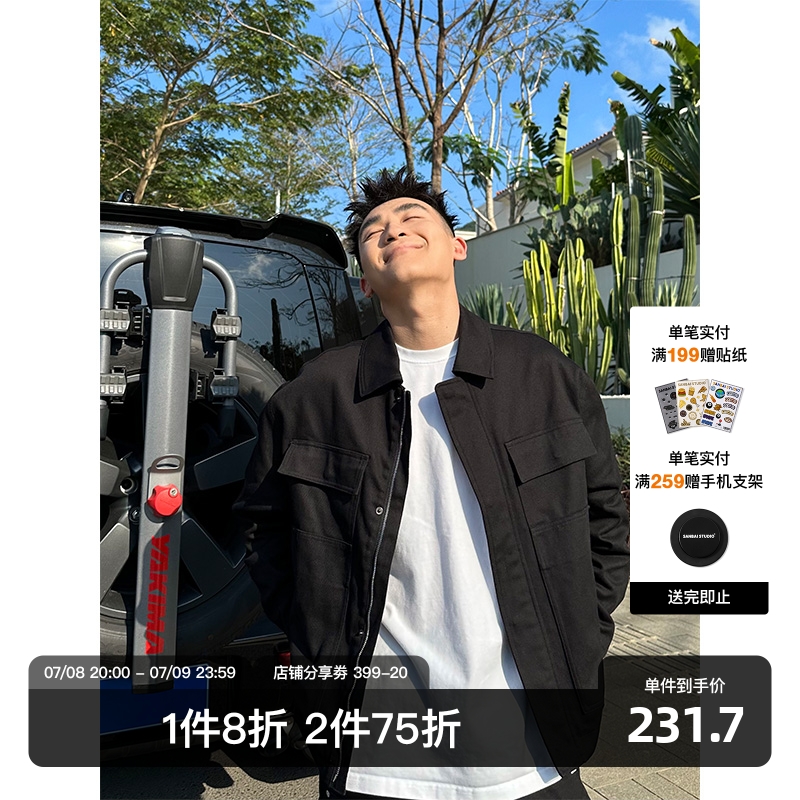 SANBAI黑色翻领多口袋工装夹克