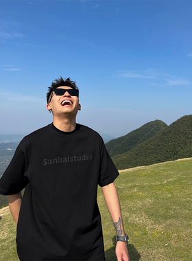 SANBAI 叁佰夏季黑色T恤男新款美式刻字膜短袖t男士重磅纯棉半袖