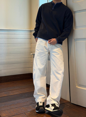 SANBAI叁佰【解构神裤】春季白色微弯刀珠帆长裤男重磅310g休闲裤