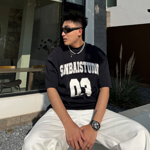 字母T恤男士 03球服 夏季 纯棉美式 SANBAI 宽松运动休闲短袖 叁佰