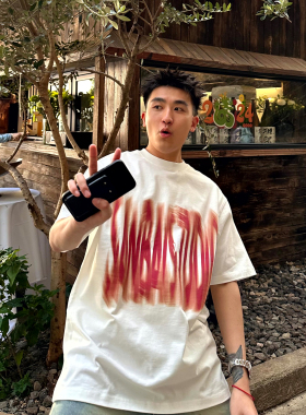 SANBAI 叁佰夏季红色幻影字母T恤半袖新款男生纯棉圆领重磅短袖