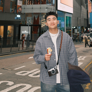 男秋季 Miu系蓝格子衬衫 新款 休闲美式 衬衣 SANBAI 复古长袖 叁佰