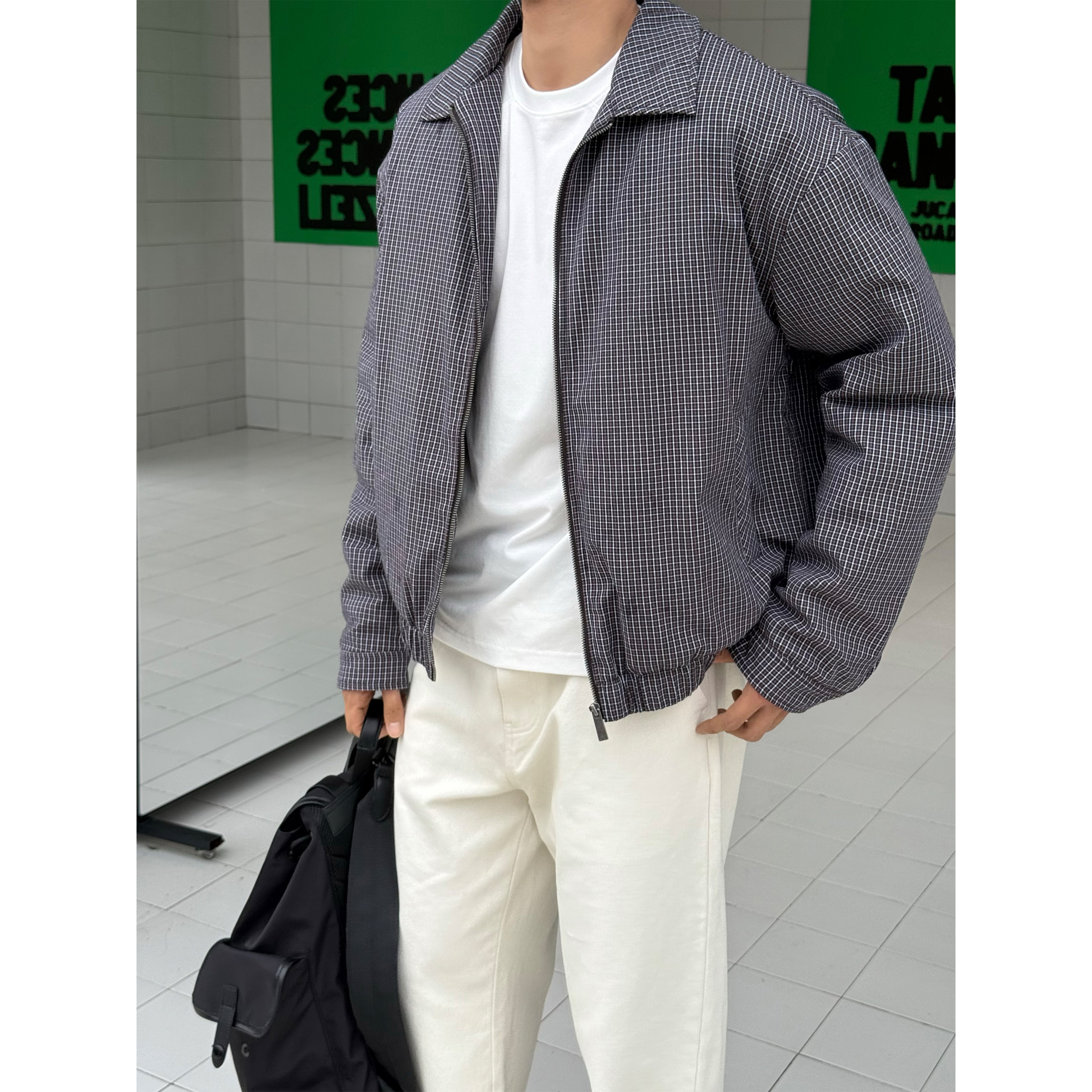 SANBAI叁佰褶皱格纹棉服