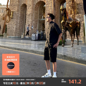 SANBAI 叁佰美式工装立体口袋短裤男夏外穿户外休闲黑色五分裤