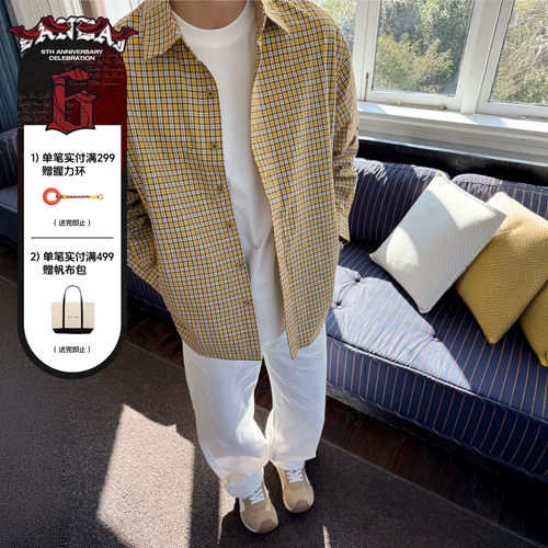 SANBAI叁佰柠檬黄格子长袖衬衫