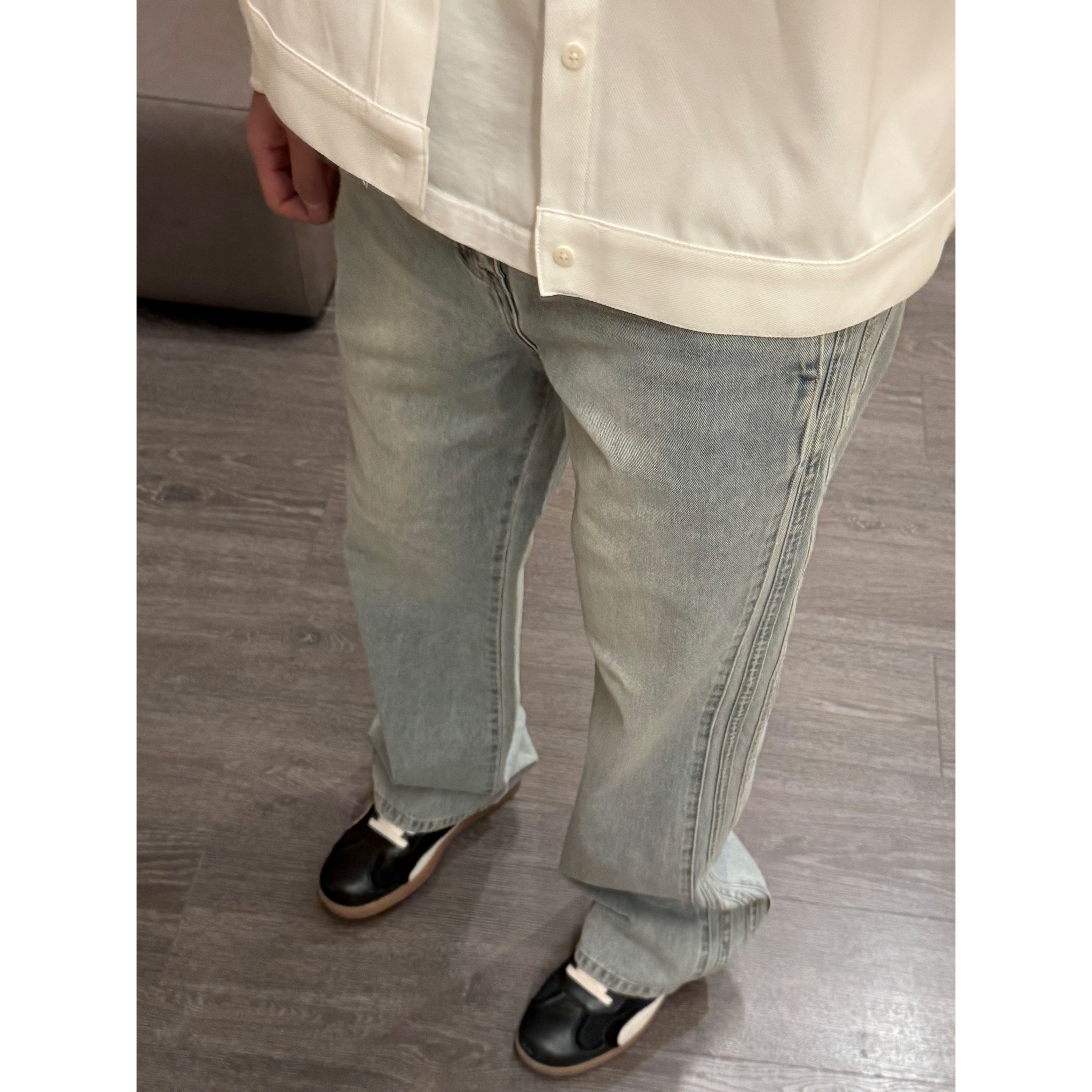 SANBAI叁佰侧缝条纹微喇牛仔裤