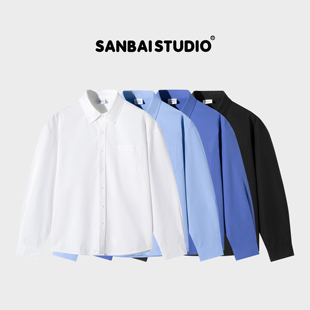 叁佰 早秋长袖 少年感 男士 高级休闲纯棉衬衣 浅蓝色衬衫 SANBAI