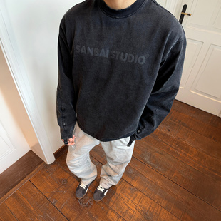 SANBAI叁佰【水洗做旧长袖T】美式休闲上衣男士纯棉水洗衣服