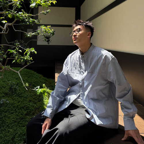 SANBAI叁佰蓝灰色新中式衬衫