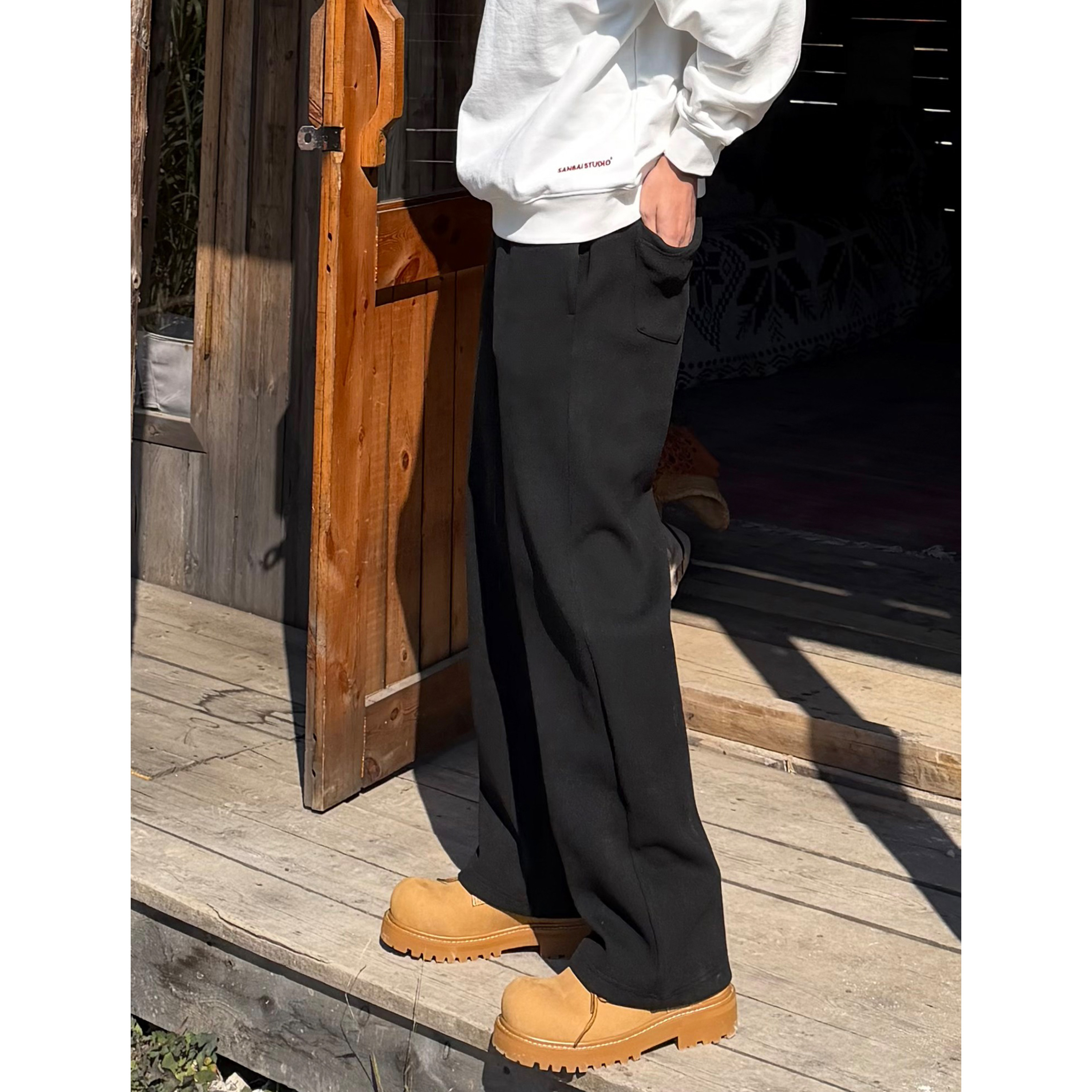 SANBAI叁佰黑色德绒保暖长裤