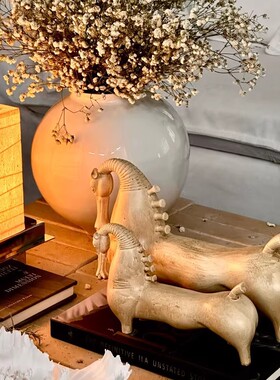 中古侘寂双骏呈祥书柜马摆件