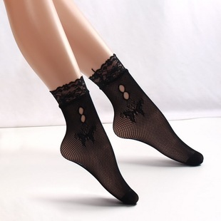 网袜蝴蝶镂空透明丝袜 4双蕾丝花边网眼袜子女中筒短袜提花薄款