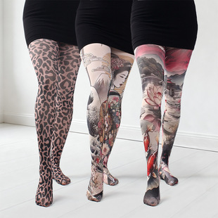 120D仿古少女印花连裤袜女春秋豹纹打底袜复古山水花卉中厚款丝袜
