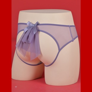 臀部镂空带大蝴蝶结男士网纱内裤前裆丝袜JJ套低腰后开裆三角裤衩
