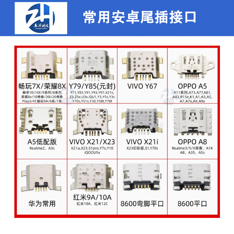 常用安卓尾插接口适用荣耀8x Vivo Y79 Y85 X21 OPPO A5 A8充电口
