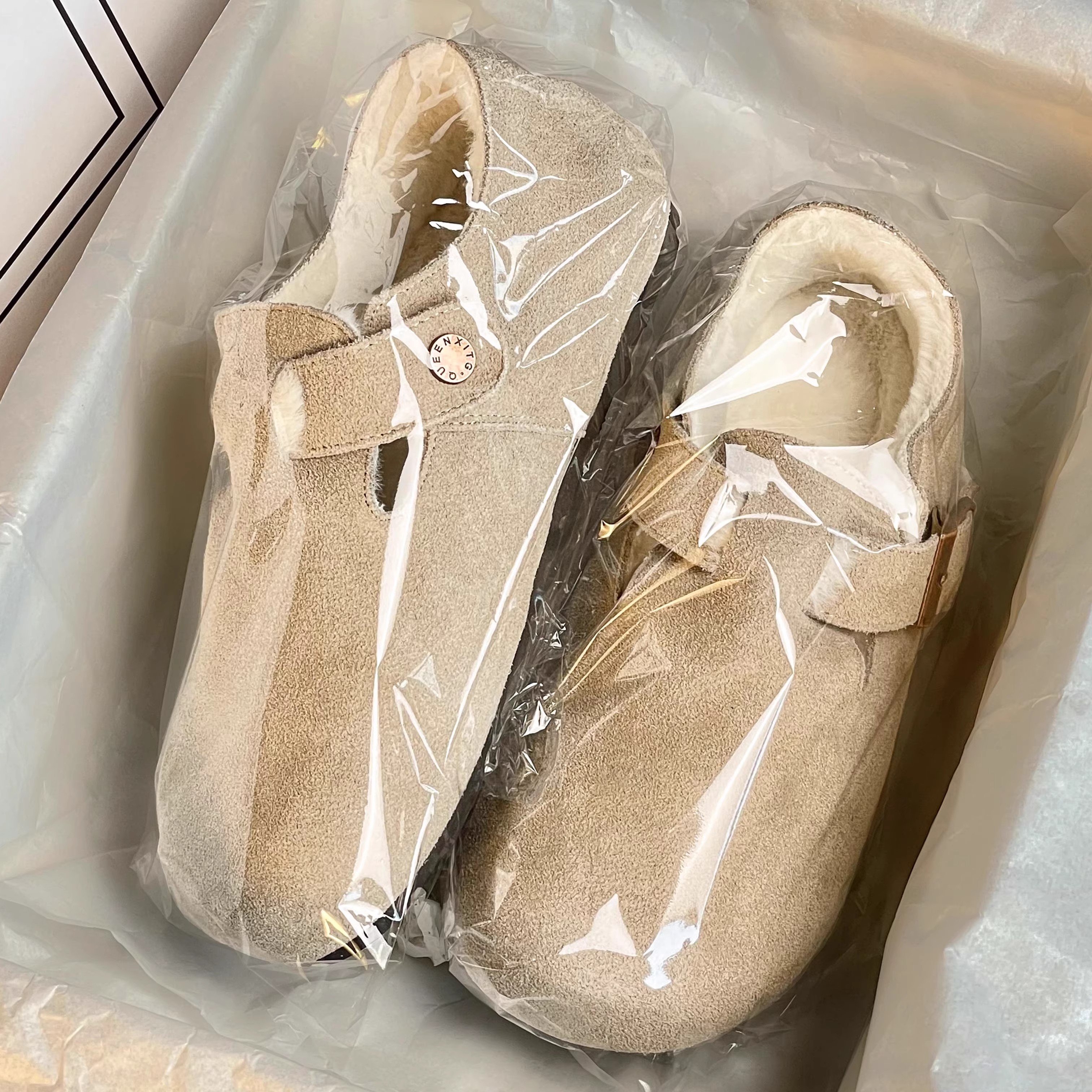 皮毛一体加绒厚底全包勃肯鞋男女