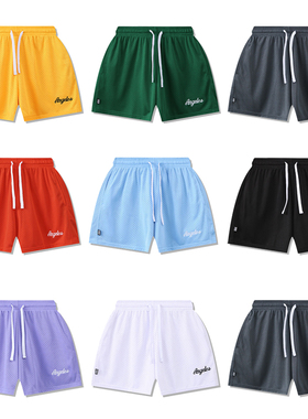 新款双层网刺绣美式三四分短裤速干 跑步运动透气网眼篮球裤男女