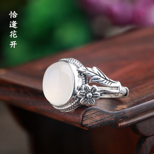 ［恰逢花开］S925纯银天然白玉髓古典风泰银复古戒指