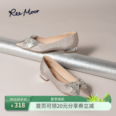 REEMOOR2025春夏新款法式复古尖头单鞋水钻蝴蝶结平底鞋芭蕾舞鞋