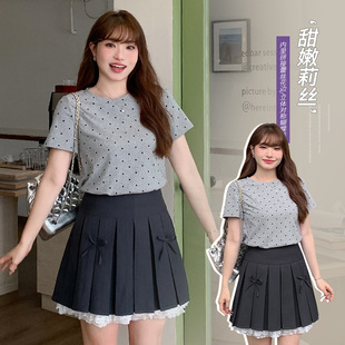 纯欲风蕾丝蓬蓬JK裙a字半身裙女夏季大码胖mm蝴蝶结百褶裙子显瘦