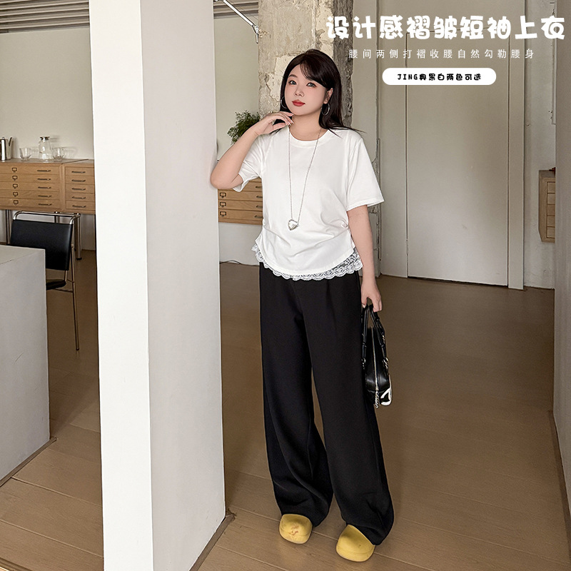 2025夏季新款韩版大码女装200斤胖mm气质设计感褶皱短袖上衣潮流