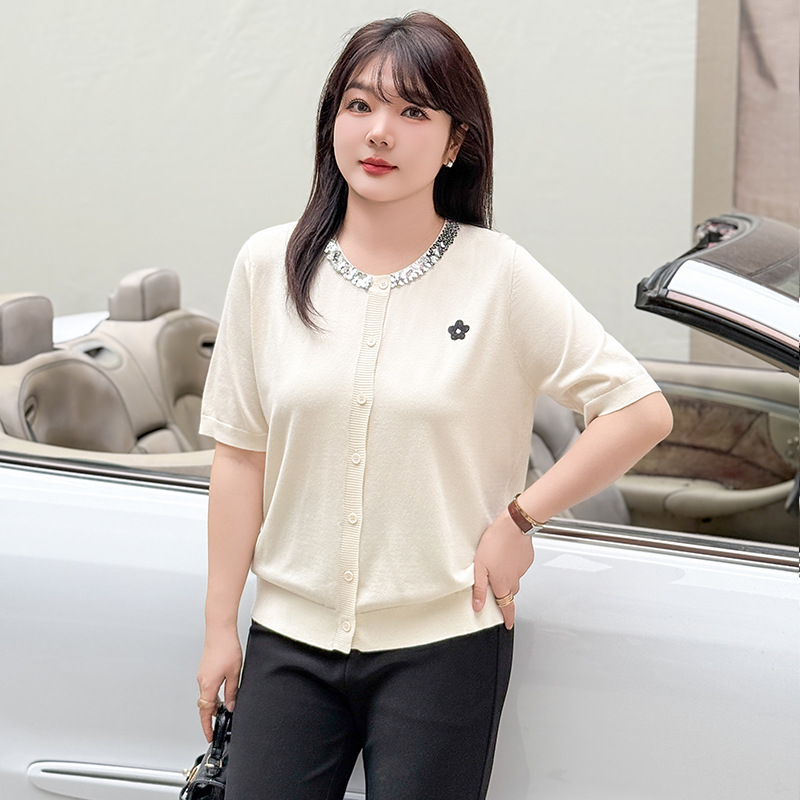 大码女装重工珠片圆领上衣女短袖开衫2025夏胖mm气质宽松针织衫潮