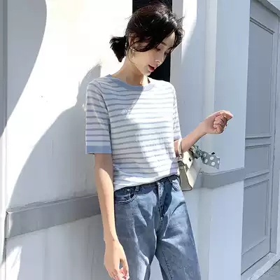 Striped Knitted Short Sleeve Female 2021 Summer New Round Neck Korean Student base shirt Ice Silk Top Thin