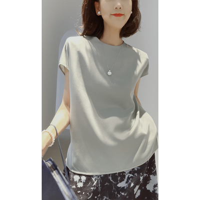 戎美 简奢美/重磅23姆米弹力重绉真丝桑蚕丝缎面短袖小衫上衣