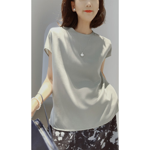 戎美 简奢美/重磅23姆米弹力重绉真丝桑蚕丝缎面短袖小衫上衣
