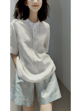 26新品~夏日克莱因【100进口亚麻/干爽透气】小立领短袖宽松衬衫