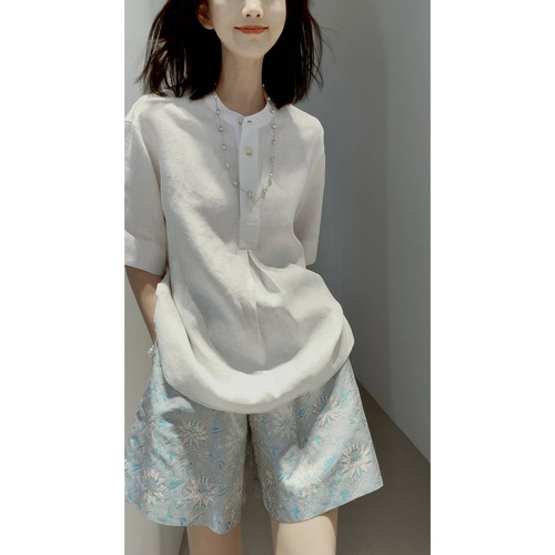 26新品~夏日克莱因【100进口亚麻/干爽透气】小立领短袖宽松衬衫