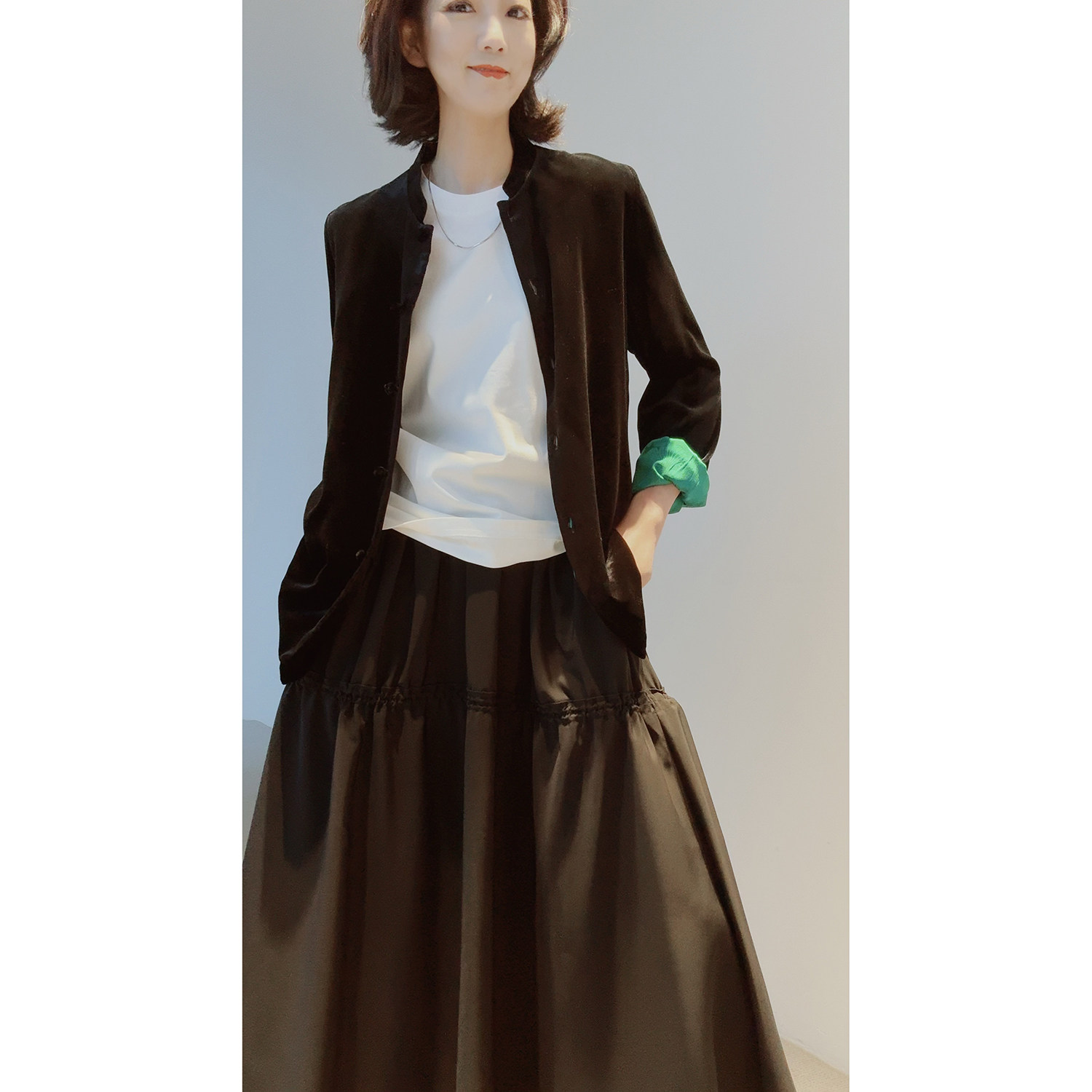 26春款【真丝丝绒/弹力提花真丝缎/时髦撞色】可翻袖显瘦气质外套